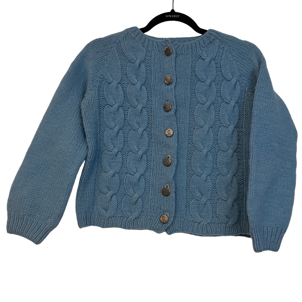 Girls Blue Cable Knit Cardigan S/M Crest Buttons Chunky Knit Cozy Preppy Sweater